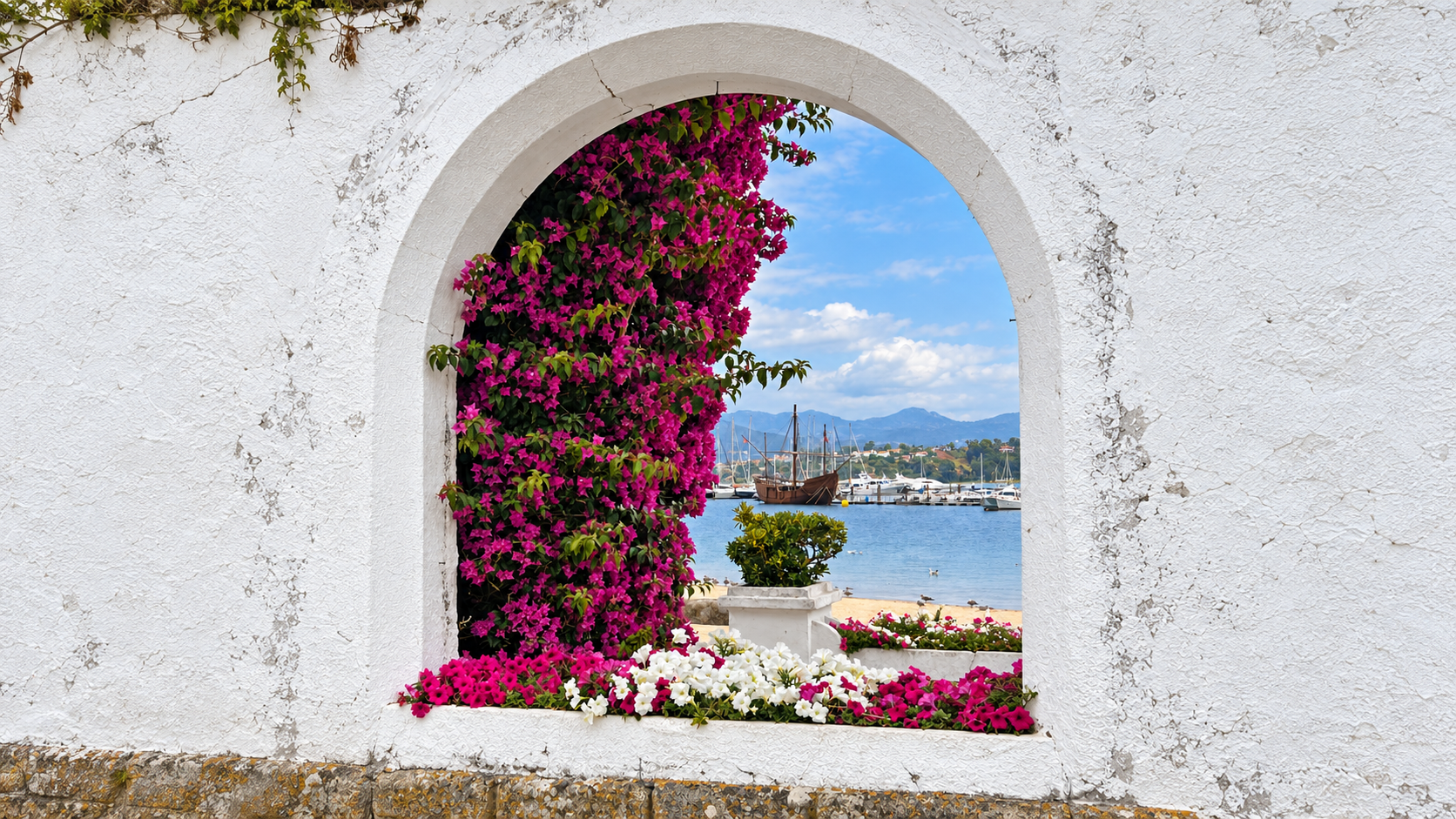 Vista del puerto de Baiona a través de una ventana florida